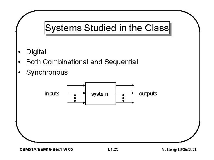 Systems Studied in the Class • Digital • Both Combinational and Sequential • Synchronous