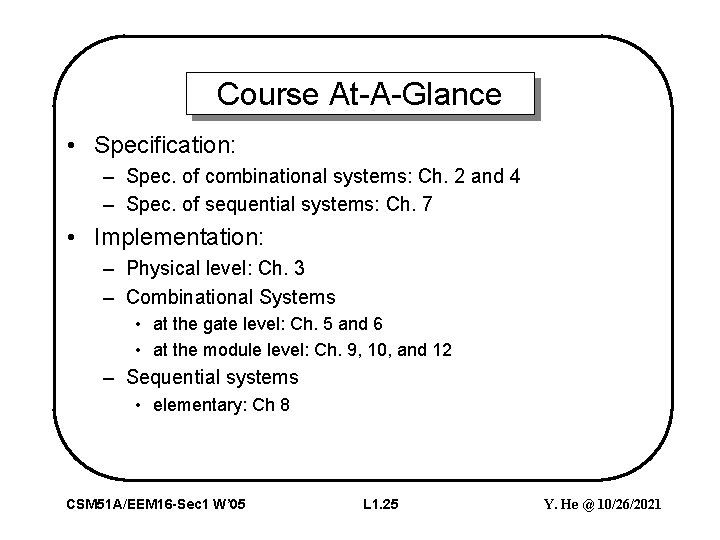 Course At-A-Glance • Specification: – Spec. of combinational systems: Ch. 2 and 4 –