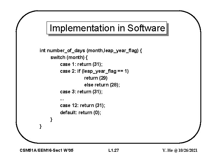 Implementation in Software int number_of_days (month, leap_year_flag) { switch (month) { case 1: return
