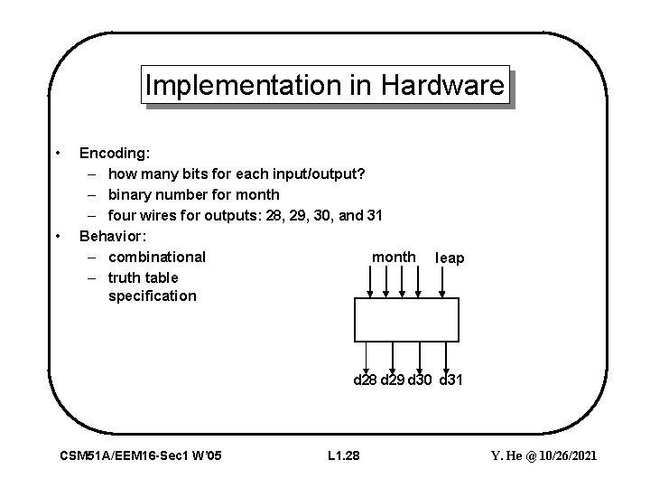Implementation in Hardware • • Encoding: – how many bits for each input/output? –