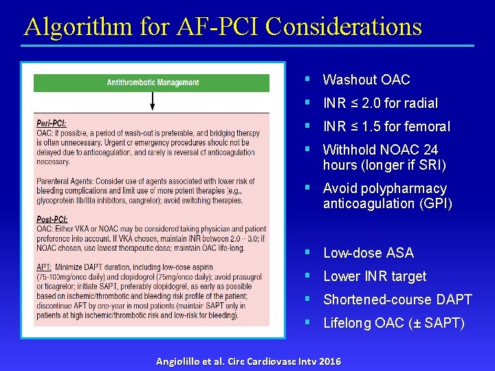 Algorithm for AF-PCI Considerations § Washout OAC § INR ≤ 2. 0 for radial