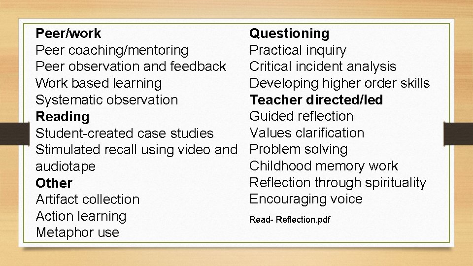 Peer/work Peer coaching/mentoring Peer observation and feedback Work based learning Systematic observation Reading Student-created