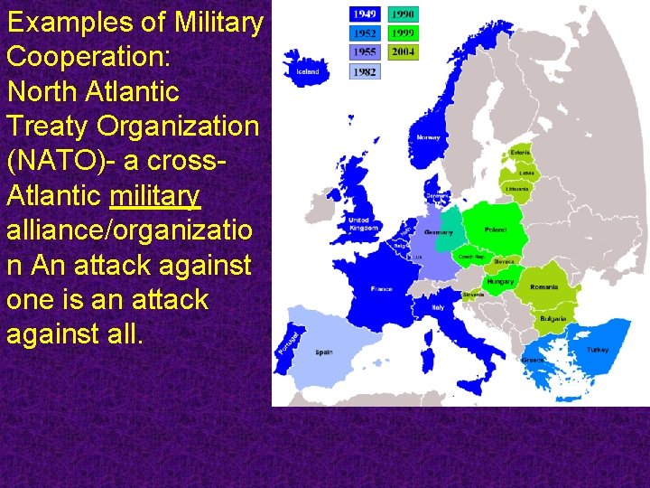 Examples of Military Cooperation: North Atlantic Treaty Organization (NATO)- a cross. Atlantic military alliance/organizatio