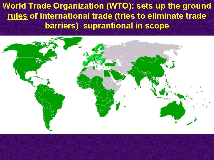 World Trade Organization (WTO): sets up the ground rules of international trade (tries to