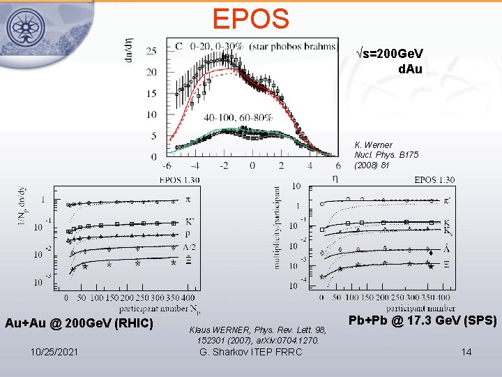 EPOS √s=200 Ge. V d. Au K. Werner Nucl. Phys. B 175 (2008) 81