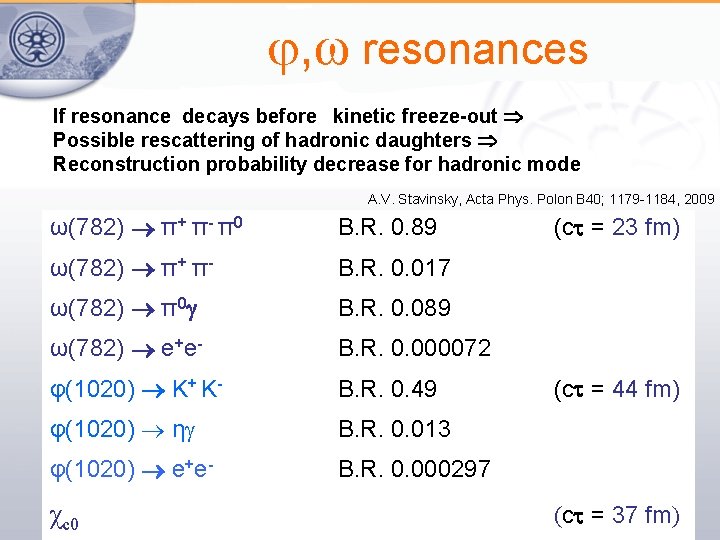  , ω resonances If resonance decays before kinetic freeze-out Possible rescattering of hadronic