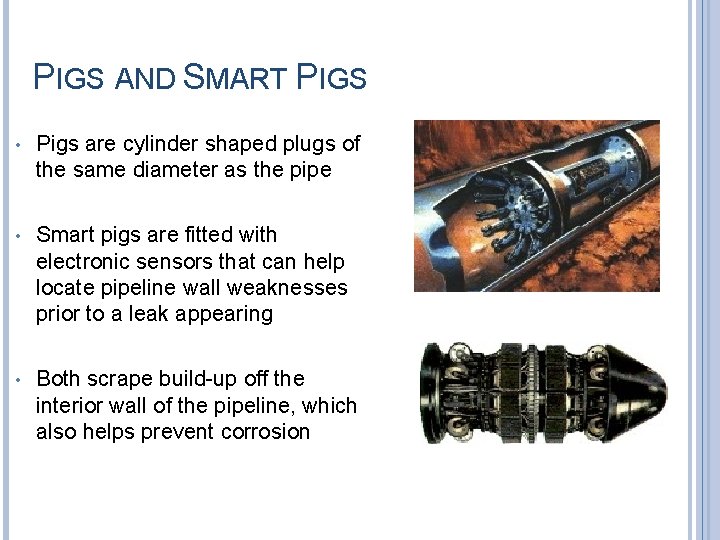 PIGS AND SMART PIGS • Pigs are cylinder shaped plugs of the same diameter