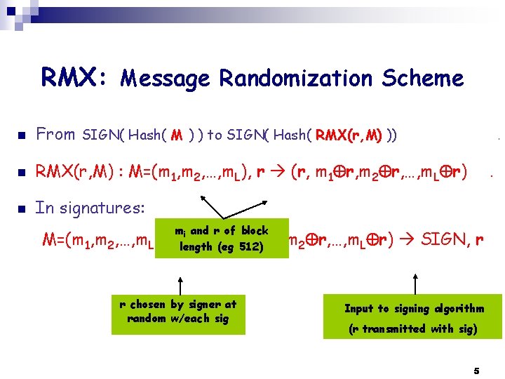 RMX: Message Randomization Scheme n From SIGN( Hash( M ) ) to SIGN( Hash(
