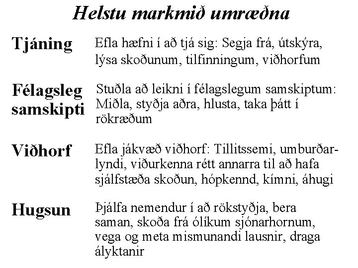 Helstu markmið umræðna Tjáning Efla hæfni í að tjá sig: Segja frá, útskýra, lýsa