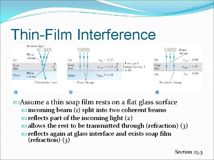 Thin-Film Interference Assume a thin soap film rests on a flat glass surface incoming