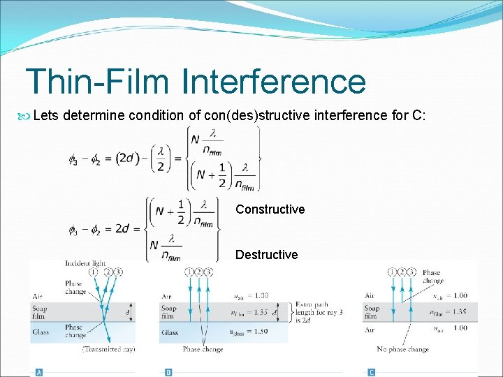 Thin-Film Interference Lets determine condition of con(des)structive interference for C: Constructive Destructive 