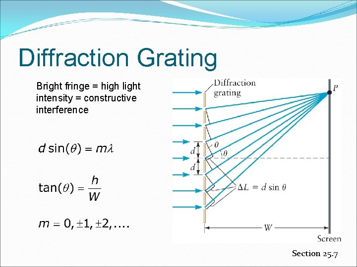 Diffraction Grating Bright fringe = high light intensity = constructive interference Section 25. 7