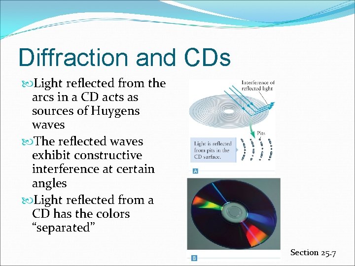 Diffraction and CDs Light reflected from the arcs in a CD acts as sources