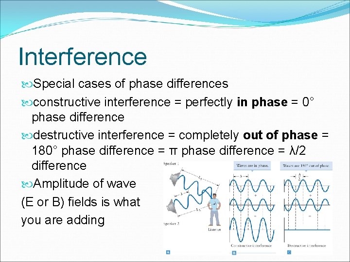 Interference Special cases of phase differences constructive interference = perfectly in phase = 0°