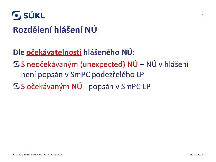 20 Rozdělení hlášení NÚ Dle očekávatelnosti hlášeného NÚ: S neočekávaným (unexpected) NÚ – NÚ