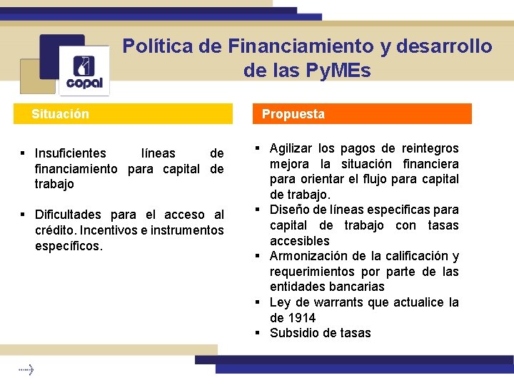 Política de Financiamiento y desarrollo de las Py. MEs Situación § Insuficientes líneas de