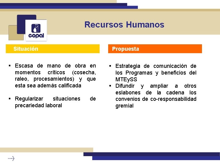 Recursos Humanos Situación Propuesta § Escasa de mano de obra en momentos críticos (cosecha,