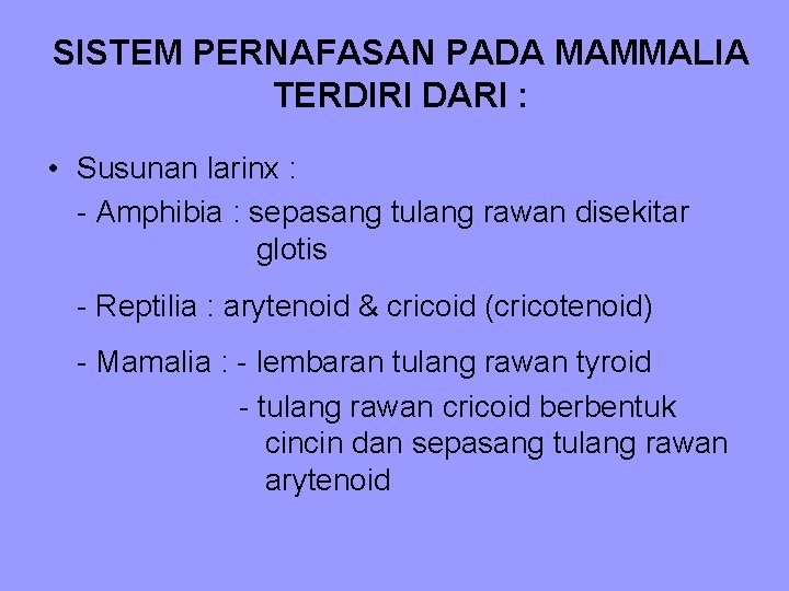 SISTEM PERNAFASAN PADA MAMMALIA TERDIRI DARI : • Susunan larinx : - Amphibia : SISTEM PERNAFASAN PADA MAMMALIA TERDIRI DARI : • Susunan larinx : - Amphibia :