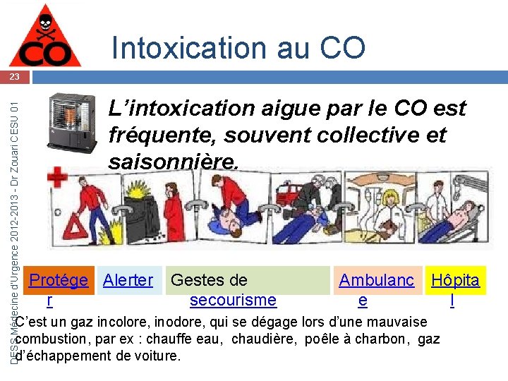 Intoxication au CO DESS Médecine d’Urgence 2012 -2013 - Dr Zouari CESU 01 23