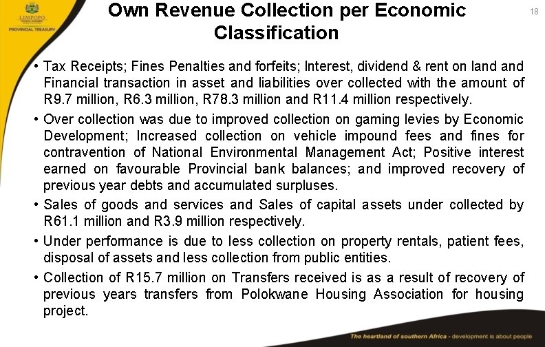 Own Revenue Collection per Economic Classification • Tax Receipts; Fines Penalties and forfeits; Interest,