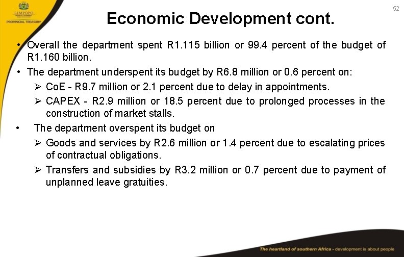 Economic Development cont. • Overall the department spent R 1. 115 billion or 99.