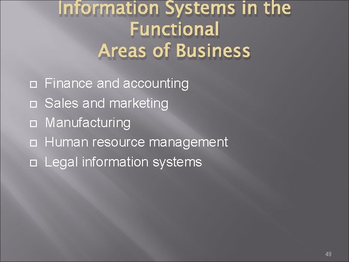 Information Systems in the Functional Areas of Business Finance and accounting Sales and marketing