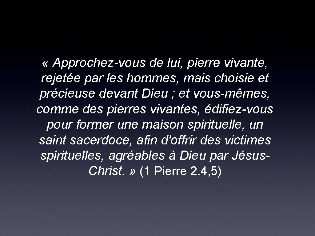  « Approchez-vous de lui, pierre vivante, rejetée par les hommes, mais choisie et