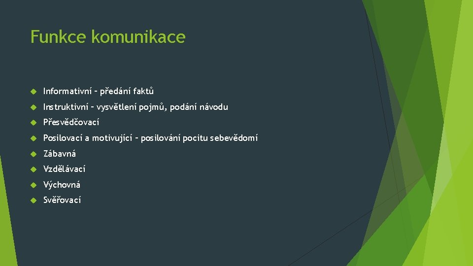 Funkce komunikace Informativní – předání faktů Instruktivní – vysvětlení pojmů, podání návodu Přesvědčovací Posilovací