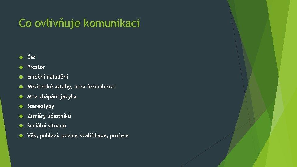 Co ovlivňuje komunikaci Čas Prostor Emoční naladění Mezilidské vztahy, míra formálnosti Míra chápání jazyka