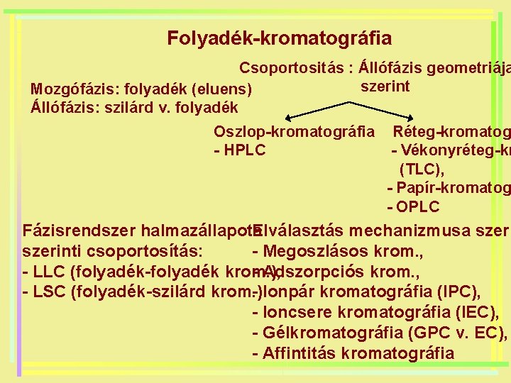 Folyadék-kromatográfia Csoportositás : Állófázis geometriája szerint Mozgófázis: folyadék (eluens) Állófázis: szilárd v. folyadék Oszlop-kromatográfia