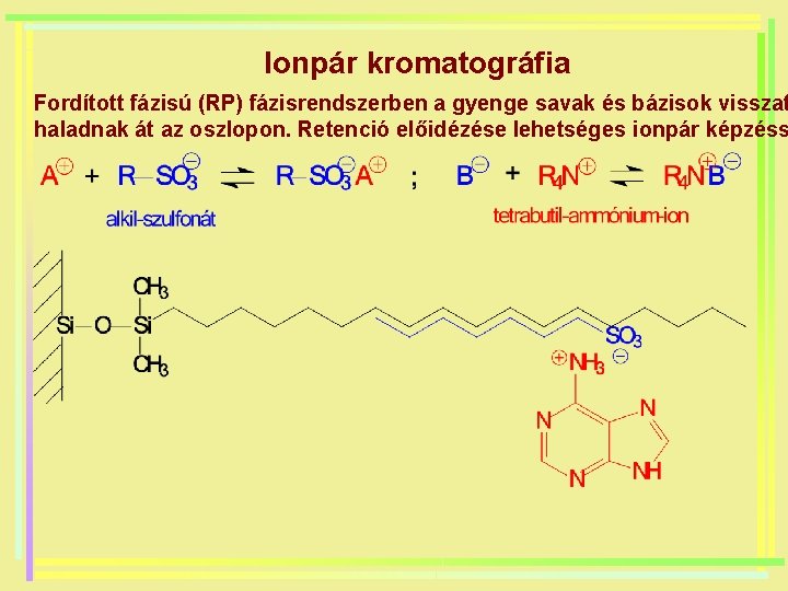 Ionpár kromatográfia Fordított fázisú (RP) fázisrendszerben a gyenge savak és bázisok visszat haladnak át