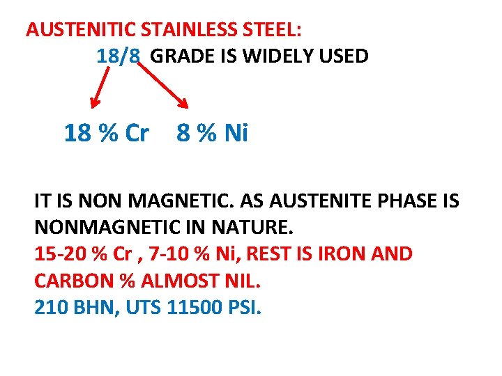 AUSTENITIC STAINLESS STEEL: 18/8 GRADE IS WIDELY USED 18 % Cr 8 % Ni