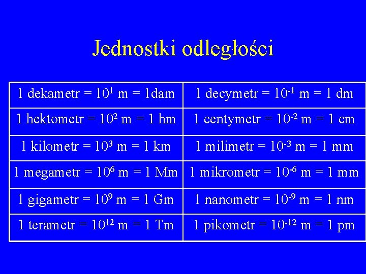 Jednostki odległości 1 dekametr = 101 m = 1 dam 1 decymetr = 10