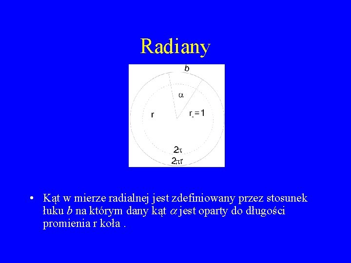 Radiany • Kąt w mierze radialnej jest zdefiniowany przez stosunek łuku b na którym