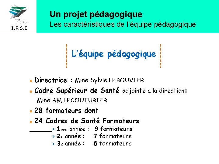 Un projet pédagogique Les caractéristiques de l’équipe pédagogique I. F. S. I. L’équipe pédagogique