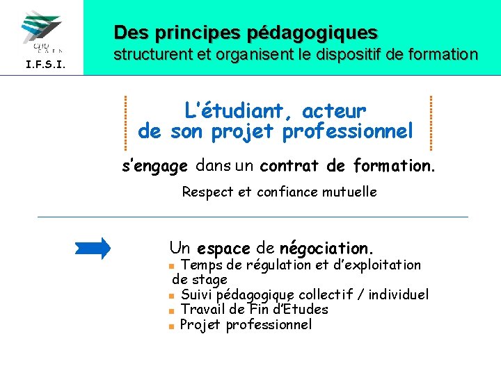 Des principes pédagogiques I. F. S. I. structurent et organisent le dispositif de formation