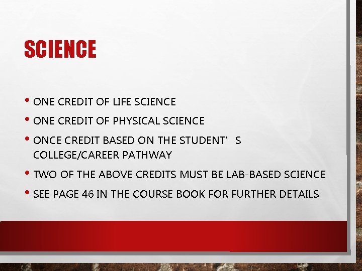 SCIENCE • ONE CREDIT OF LIFE SCIENCE • ONE CREDIT OF PHYSICAL SCIENCE •