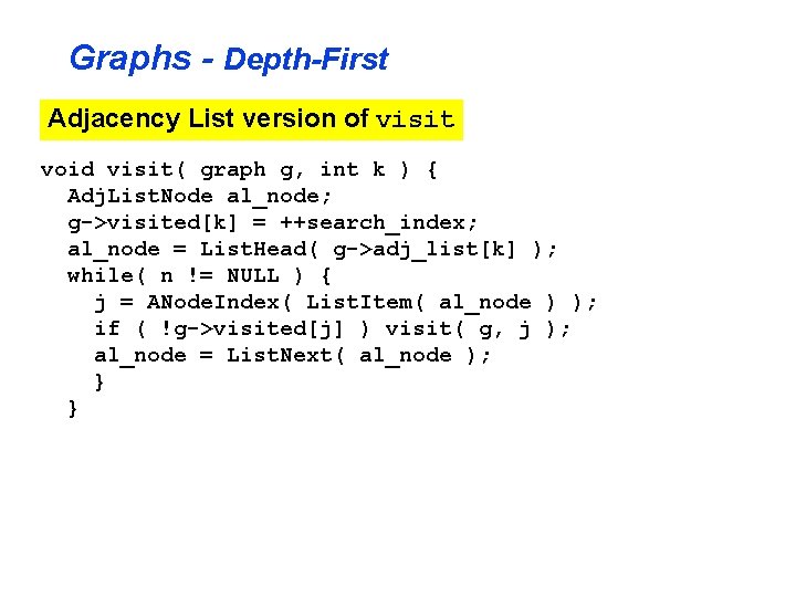 Graphs - Depth-First Adjacency List version of visit void visit( graph g, int k