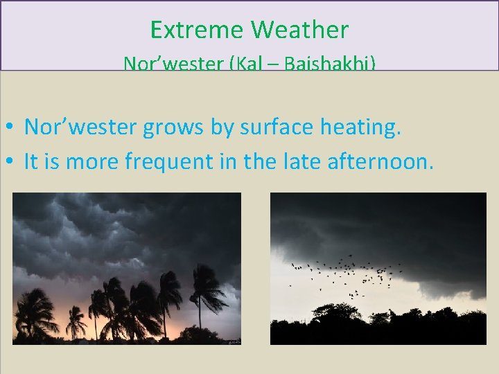 Extreme Weather Nor’wester (Kal – Baishakhi) • Nor’wester grows by surface heating. • It