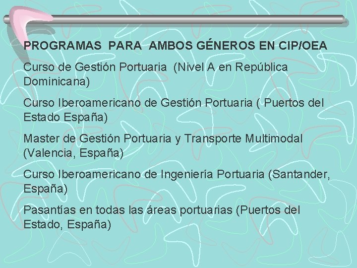 PROGRAMAS PARA AMBOS GÉNEROS EN CIP/OEA Curso de Gestión Portuaria (Nivel A en República