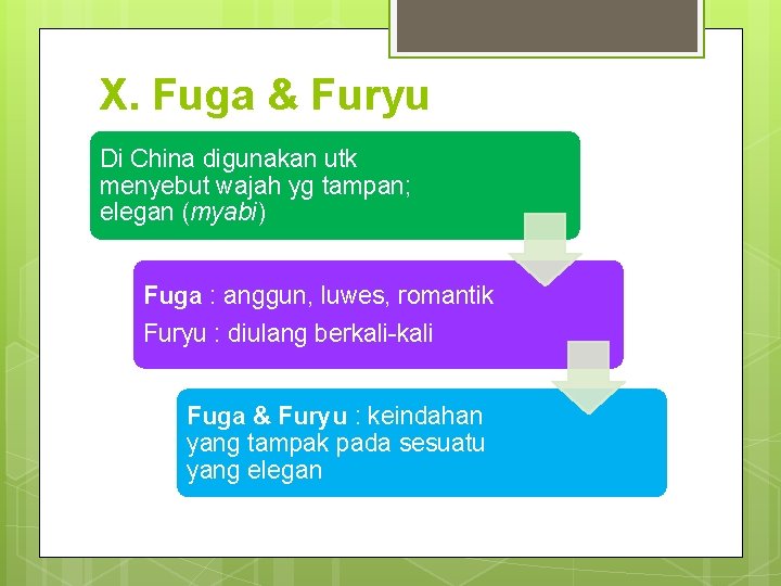 X. Fuga & Furyu Di China digunakan utk menyebut wajah yg tampan; elegan (myabi)