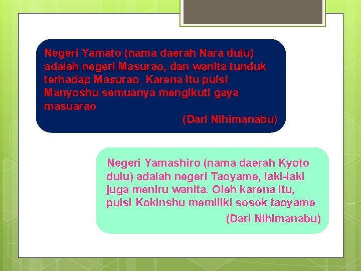 Negeri Yamato (nama daerah Nara dulu) adalah negeri Masurao, dan wanita tunduk terhadap Masurao.