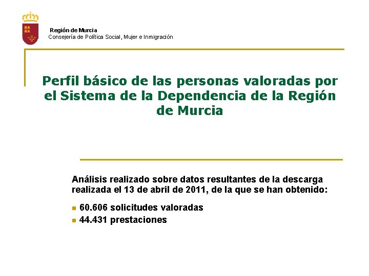 Región de Murcia Consejería de Política Social, Mujer e Inmigración Perfil básico de las