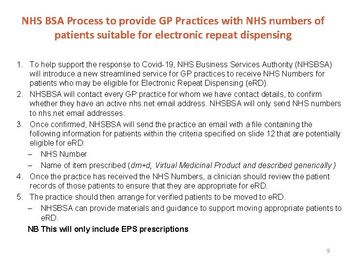 NHS BSA Process to provide GP Practices with NHS numbers of patients suitable for