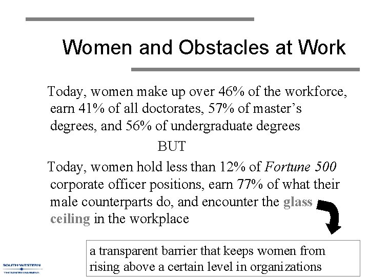 Women and Obstacles at Work Today, women make up over 46% of the workforce,