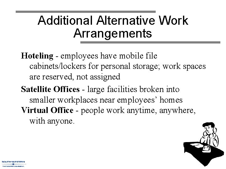 Additional Alternative Work Arrangements Hoteling - employees have mobile file cabinets/lockers for personal storage;