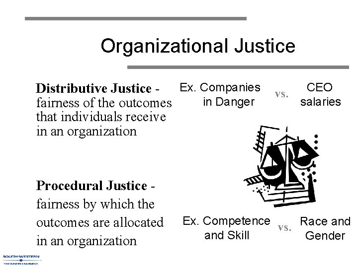 Organizational Justice Distributive Justice - Ex. Companies in Danger fairness of the outcomes that