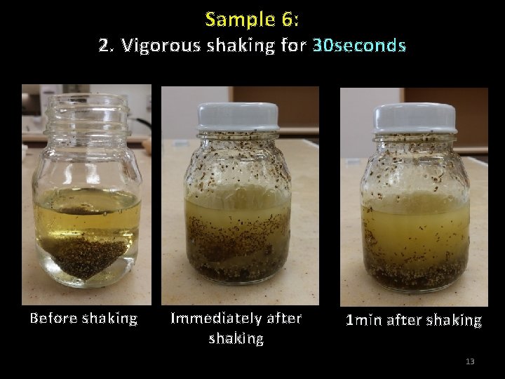 Sample 6: 2. Vigorous shaking for 30 seconds Before shaking Immediately after shaking 1