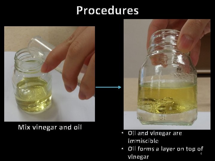 Procedures Mix vinegar and oil • Oil and vinegar are immiscible • Oil forms