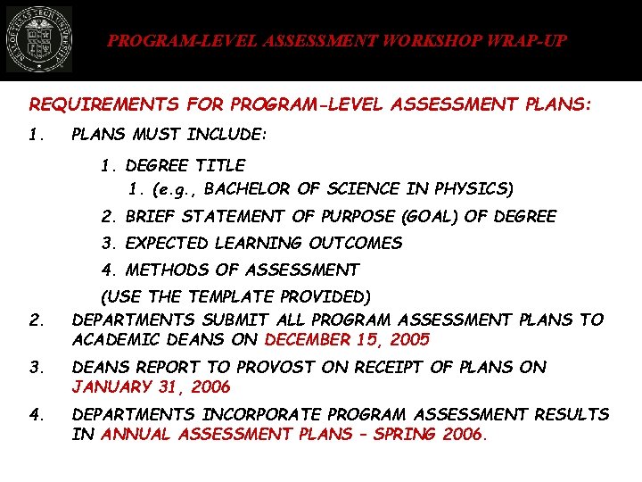 PROGRAM-LEVEL ASSESSMENT WORKSHOP WRAP-UP REQUIREMENTS FOR PROGRAM-LEVEL ASSESSMENT PLANS: 1. PLANS MUST INCLUDE: 1.